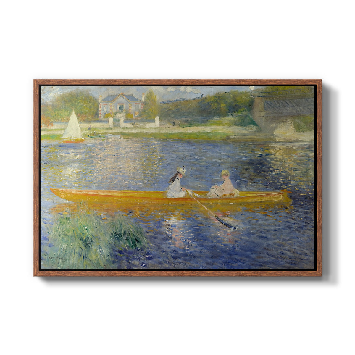 The Skiff (La Yole), 1875 by Pierre-Auguste Renoir in a walnut floater framed canvas wall art display.