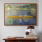 Walnut floater framed canvas featuring The Skiff (La Yole), 1875 by Pierre-Auguste Renoir above an entryway table in a minimalist foyer.