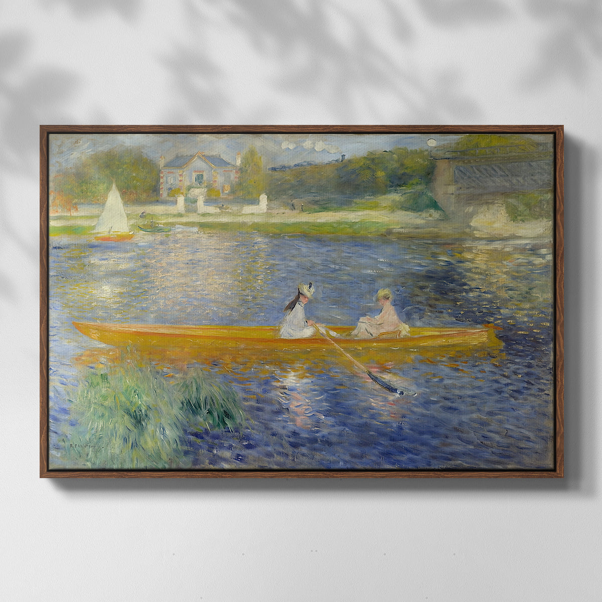 Front view of The Skiff (La Yole), 1875 by Pierre-Auguste Renoir in a walnut floater framed canvas.