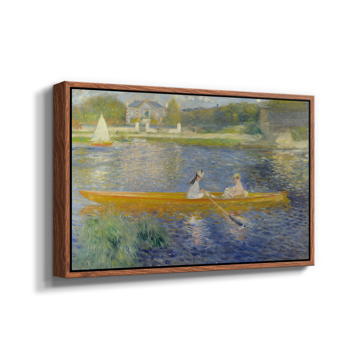 Angled view of The Skiff (La Yole), 1875 by Pierre-Auguste Renoir in a walnut floater framed canvas.