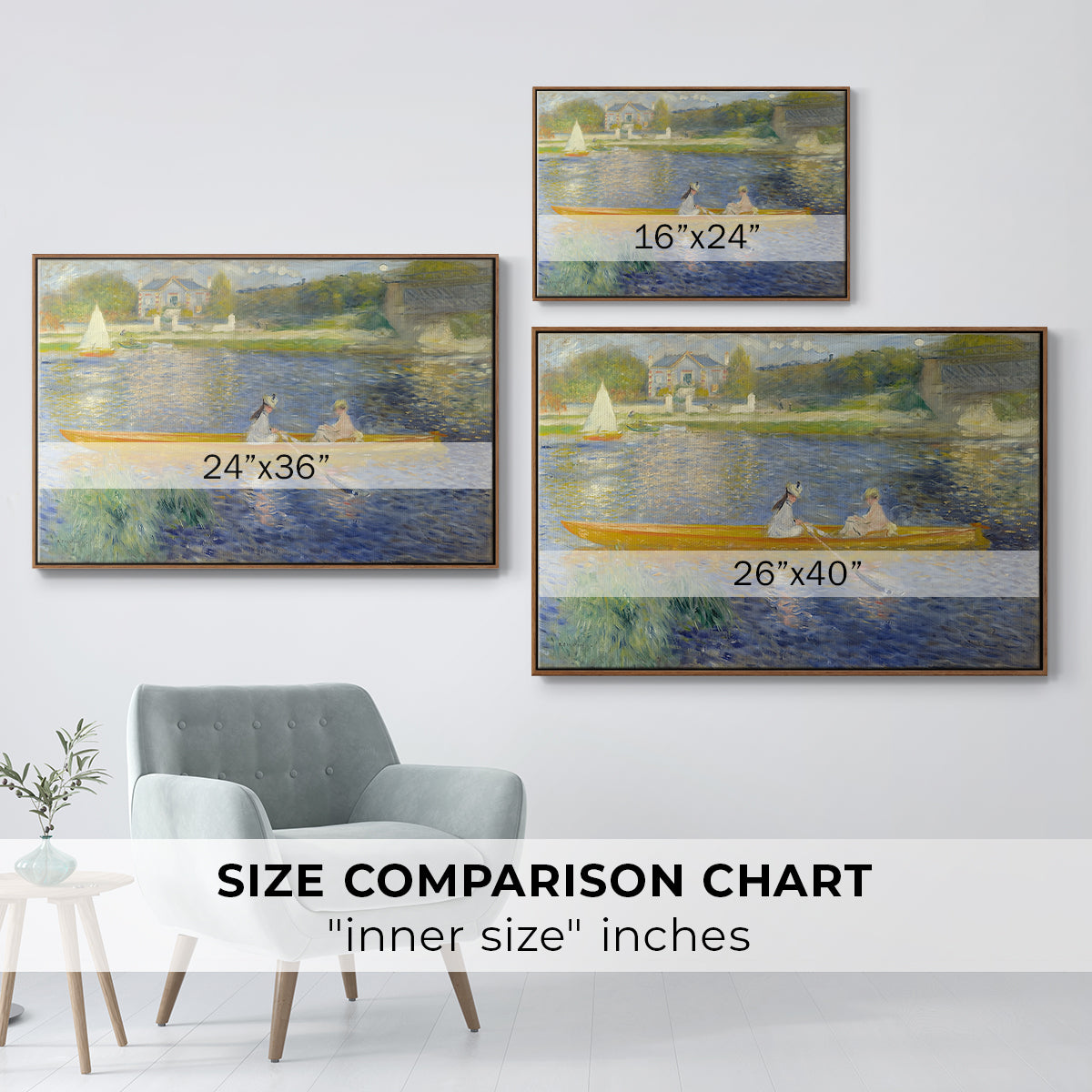 Size comparison chart for walnut floater framed canvas featuring The Skiff (La Yole), 1875 by Pierre-Auguste Renoir.