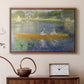 Walnut floater framed canvas featuring a couple seated in boat on river surrounded by soft reflections, displayed above a cabinet in a soft-toned living room.