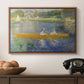 The Skiff (La Yole), 1875 by Pierre-Auguste Renoir in a walnut floater framed canvas displayed above a console table in a hallway, featuring a leisure scene of figures in a small rowboat on tranquil water.