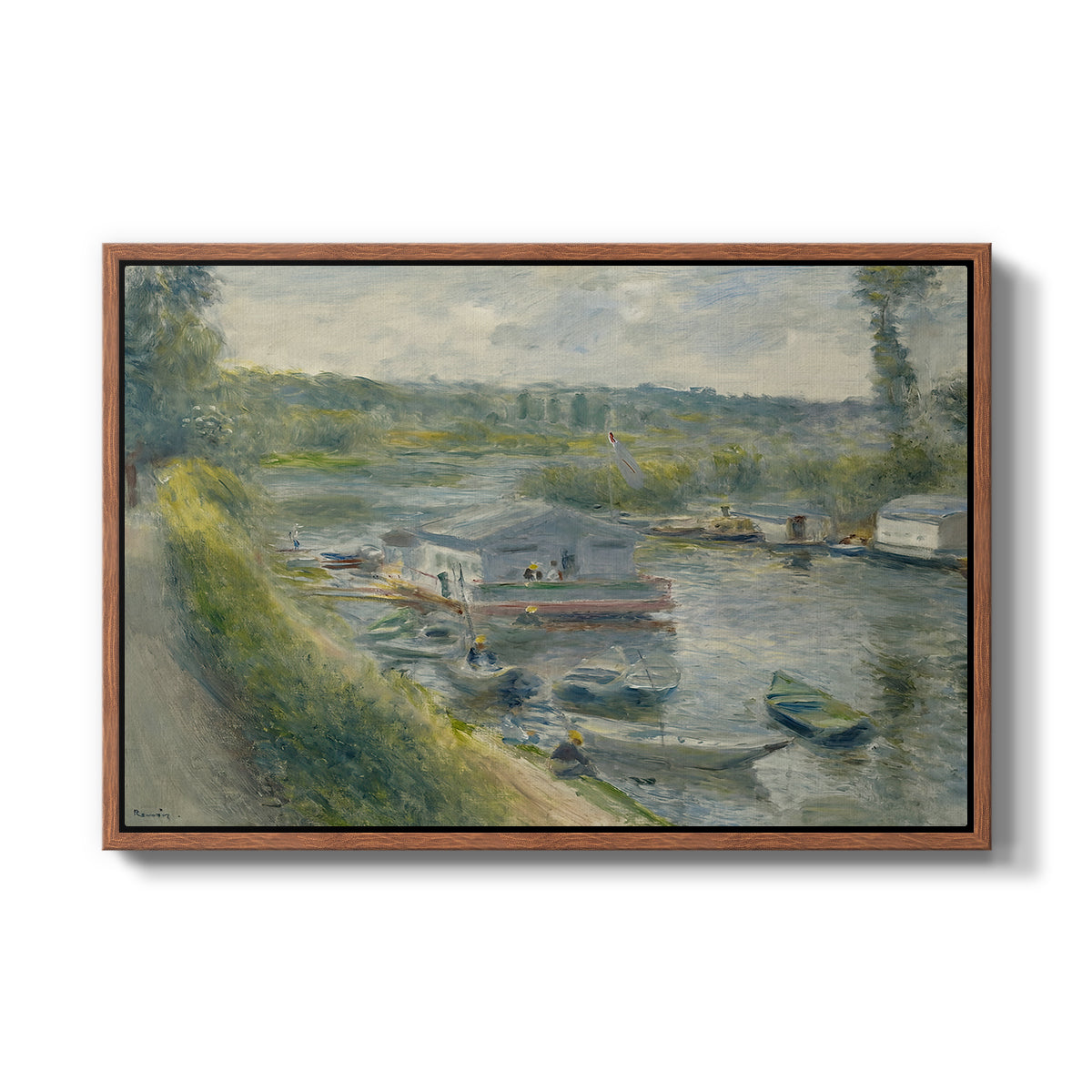 Wash-House Boat at Bas-Meudon, c. 1874 by Pierre-Auguste Renoir in a walnut floater framed canvas wall art display.
