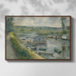Front view of Wash-House Boat at Bas-Meudon, c. 1874 by Pierre-Auguste Renoir in a walnut floater framed canvas.