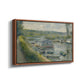 Angled view of Wash-House Boat at Bas-Meudon, c. 1874 by Pierre-Auguste Renoir in a walnut floater framed canvas.