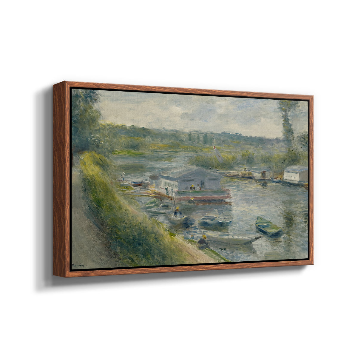 Angled view of Wash-House Boat at Bas-Meudon, c. 1874 by Pierre-Auguste Renoir in a walnut floater framed canvas.