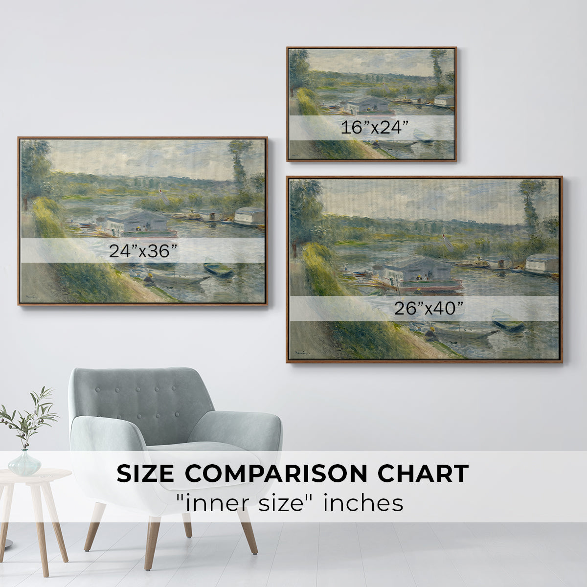 Size comparison chart for walnut floater framed canvas featuring Wash-House Boat at Bas-Meudon, c. 1874 by Pierre-Auguste Renoir.