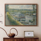 Walnut floater framed canvas featuring an impressionist depiction of working boat along calm waterway, displayed above a cabinet in a soft-toned living room.