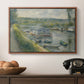 Wash-House Boat at Bas-Meudon, c. 1874 by Pierre-Auguste Renoir in a walnut floater framed canvas displayed above a console table in a hallway, featuring an everyday life scene with boat and figures along river edge.