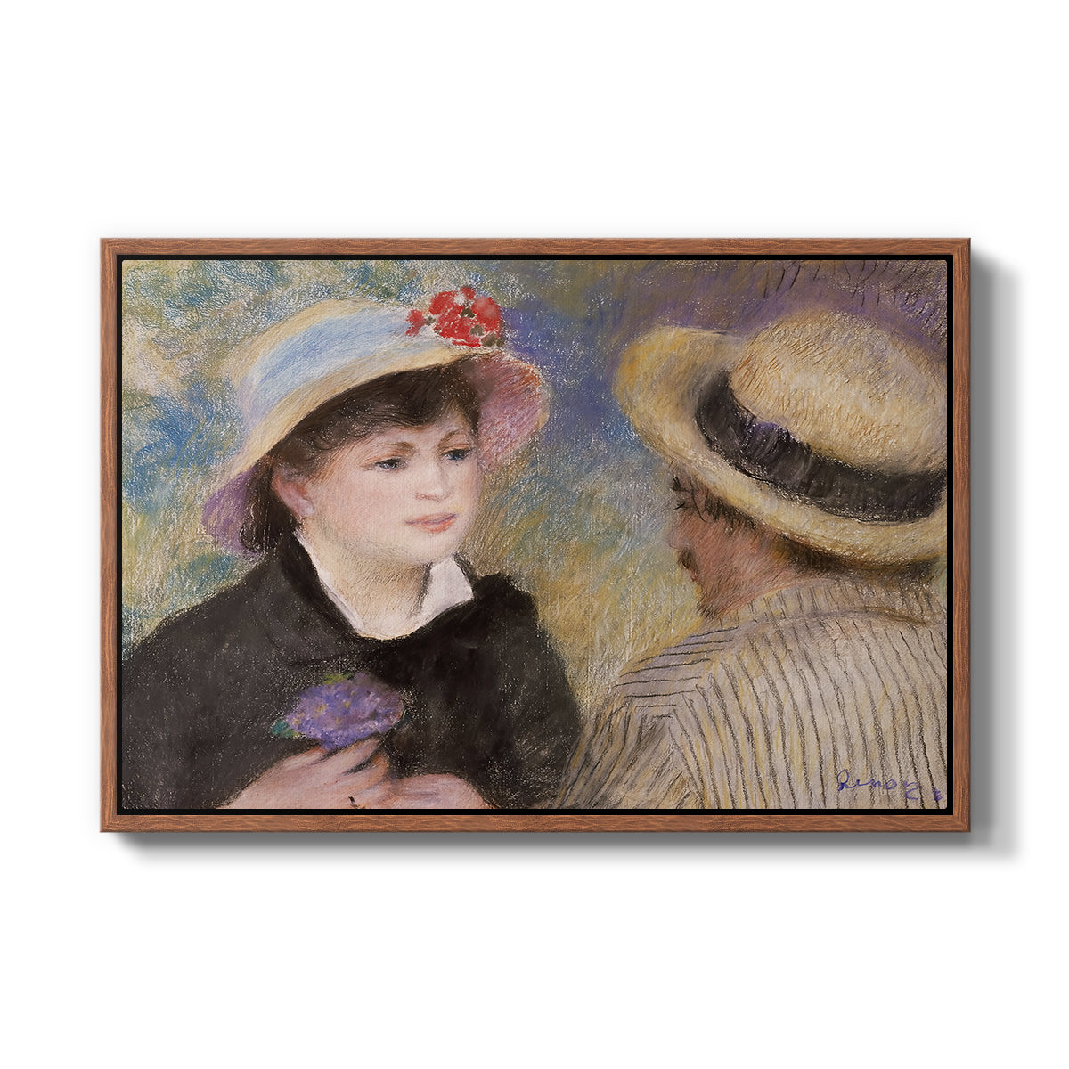 Boating Couple (Aline Charigot and Renoir), c. 1881 by Pierre-Auguste Renoir in a walnut floater framed canvas wall art display.