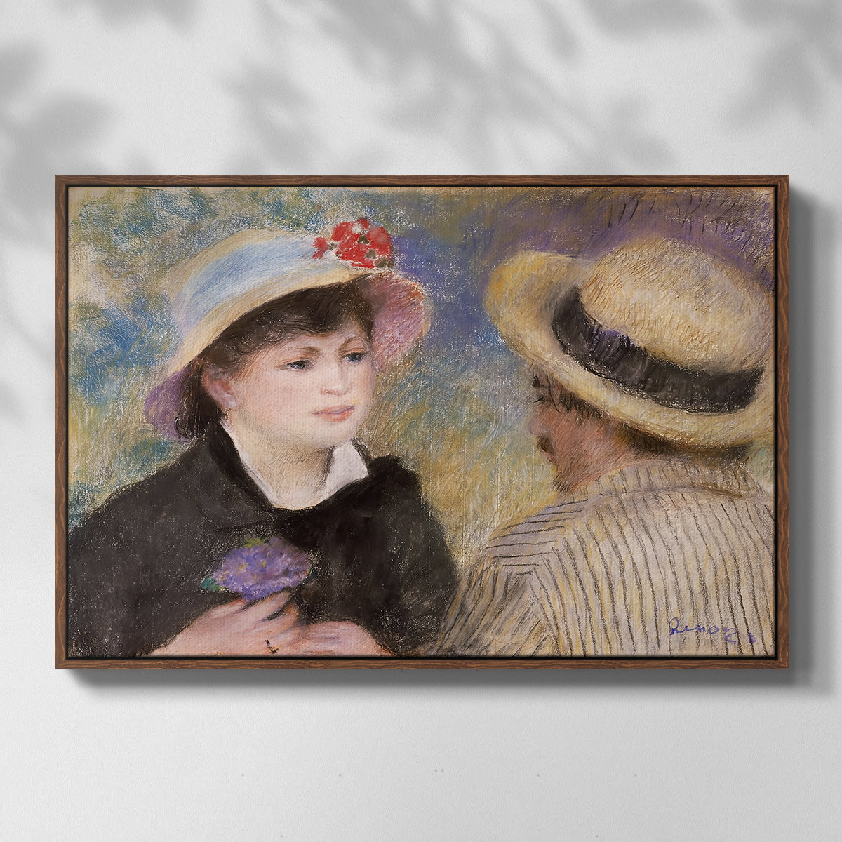 Front view of Boating Couple (Aline Charigot and Renoir), c. 1881 by Pierre-Auguste Renoir in a walnut floater framed canvas.