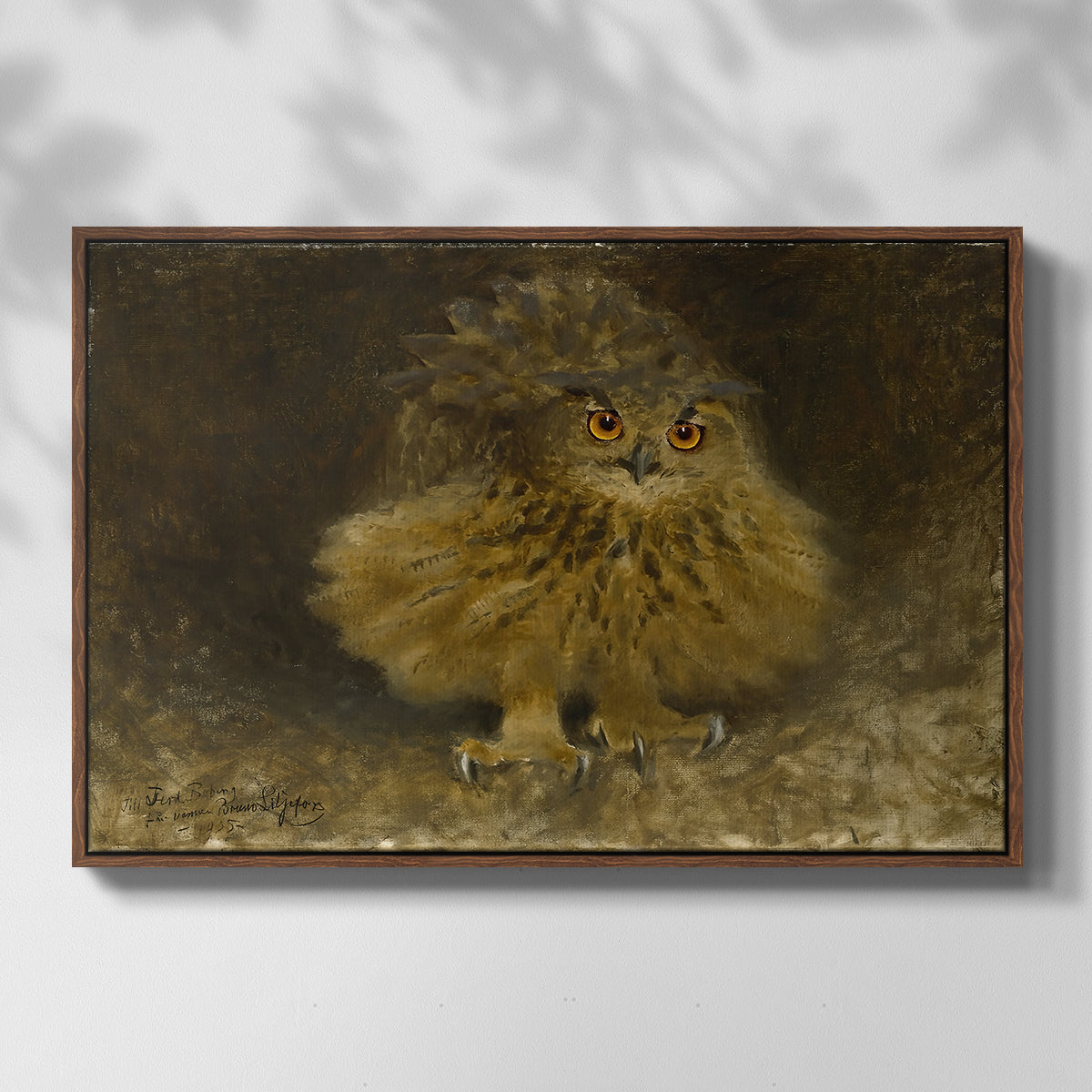Front view of An Eagle Owl (Berguv), 1905 by Bruno Liljefors in a walnut floater framed canvas.