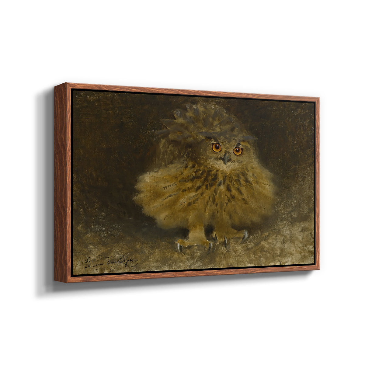 Angled view of An Eagle Owl (Berguv), 1905 by Bruno Liljefors in a walnut floater framed canvas.