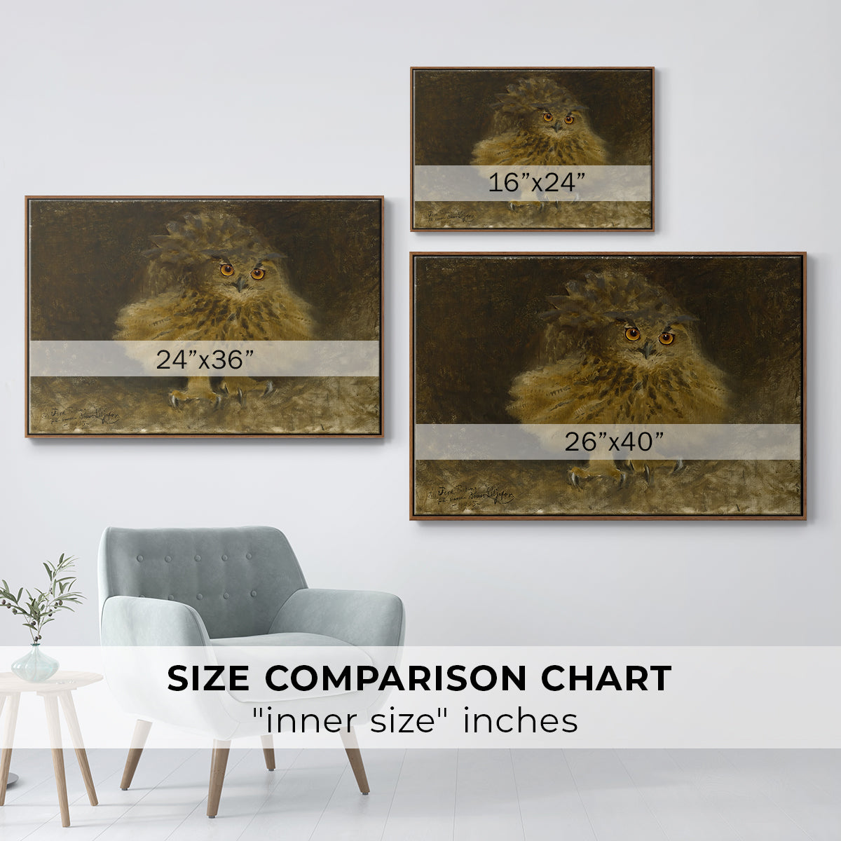 Size comparison chart for walnut floater framed canvas featuring An Eagle Owl (Berguv), 1905 by Bruno Liljefors.
