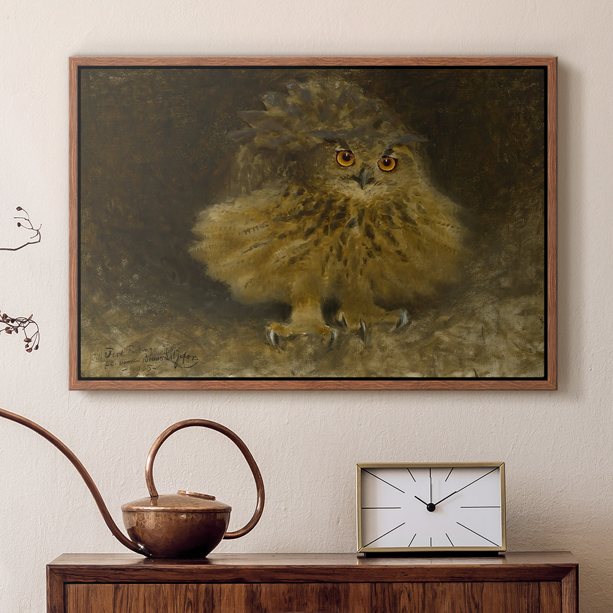Walnut floater framed canvas featuring a bird of prey resting on tree branch with textured feathers, displayed above a cabinet in a soft-toned living room.