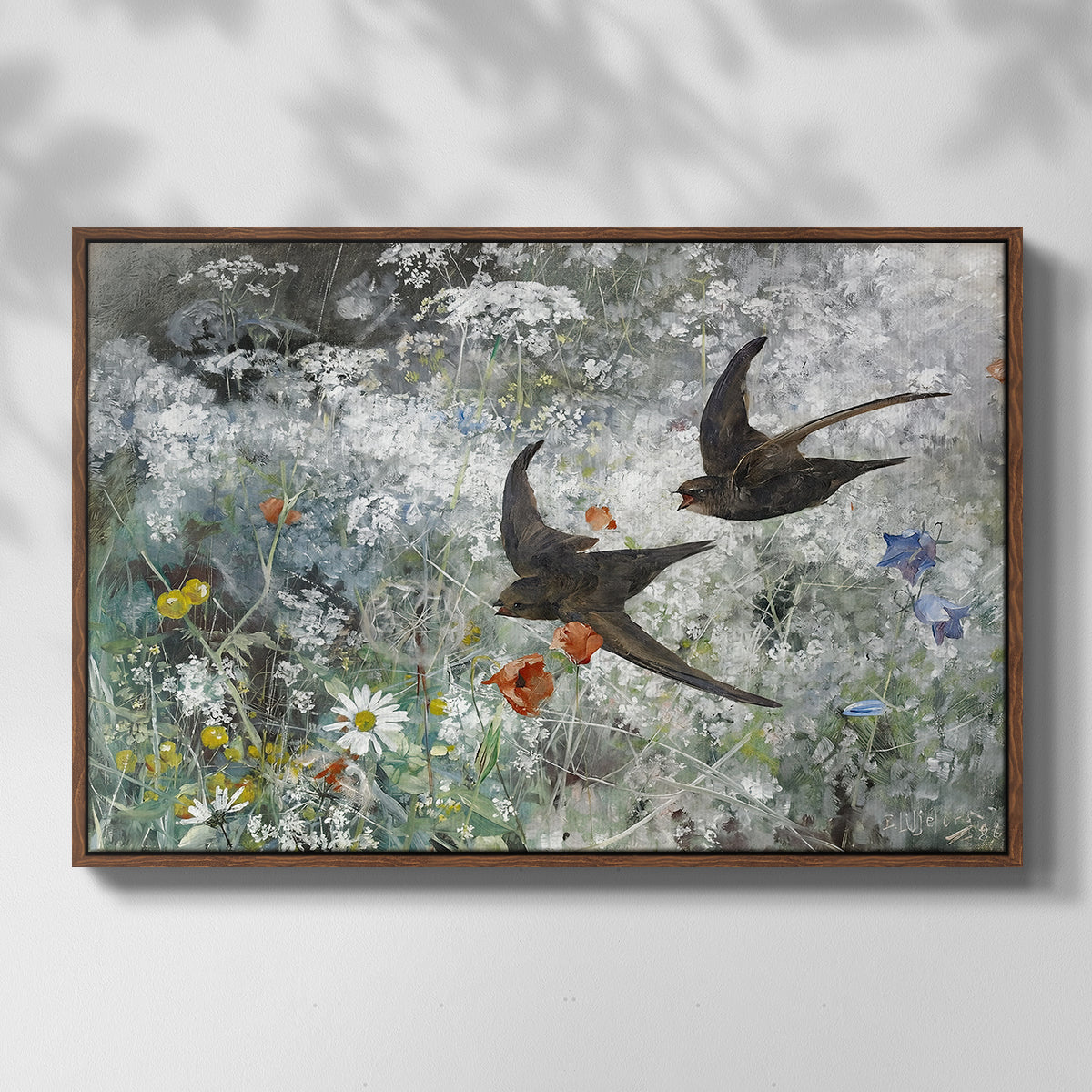 Front view of Common Swifts, 1886 by Bruno Liljefors in a walnut floater framed canvas.