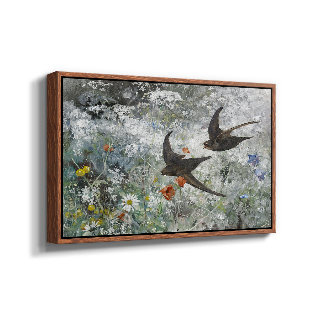 Angled view of Common Swifts, 1886 by Bruno Liljefors in a walnut floater framed canvas.