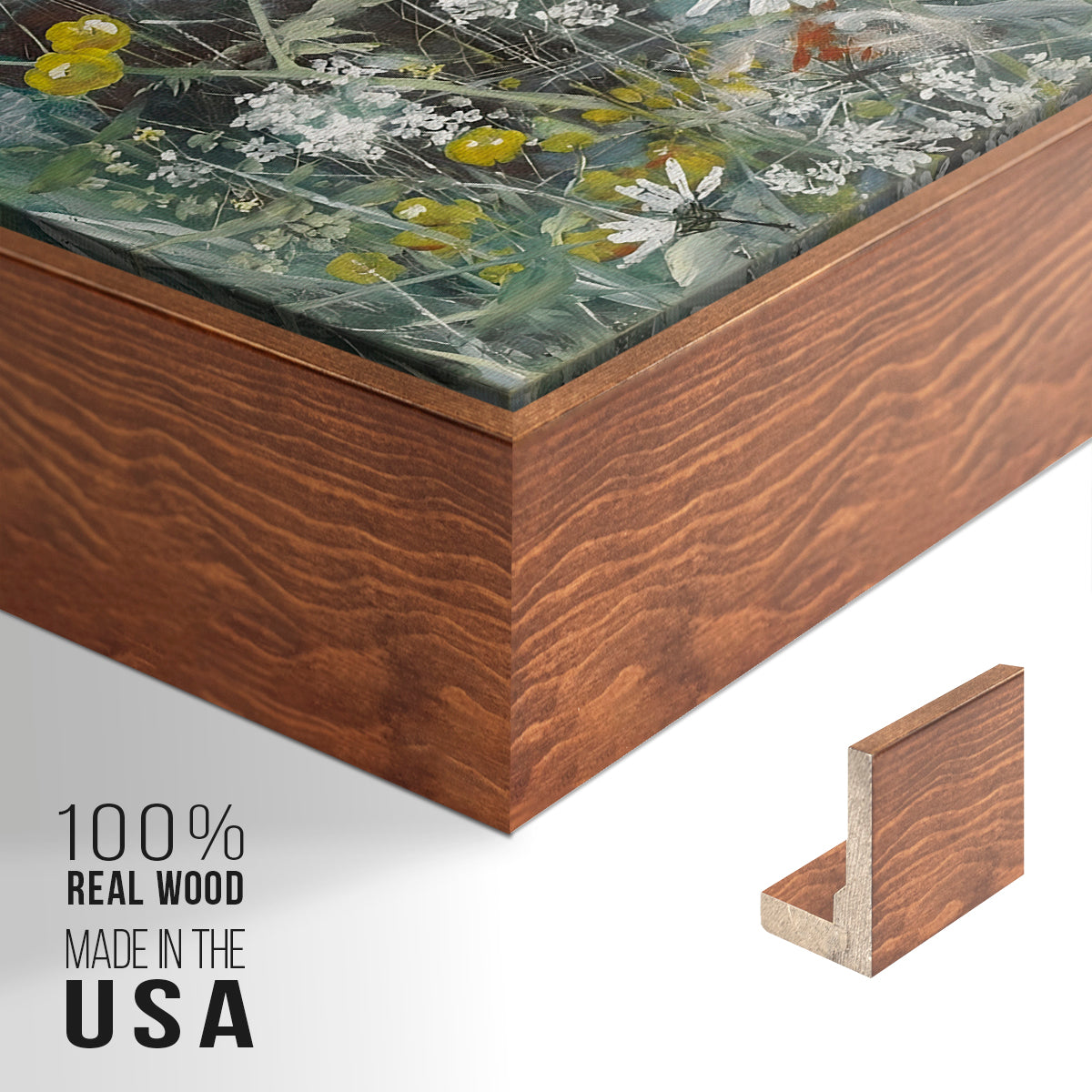 Close-up of the walnut floater frame corner and gallery wrapped canvas construction.