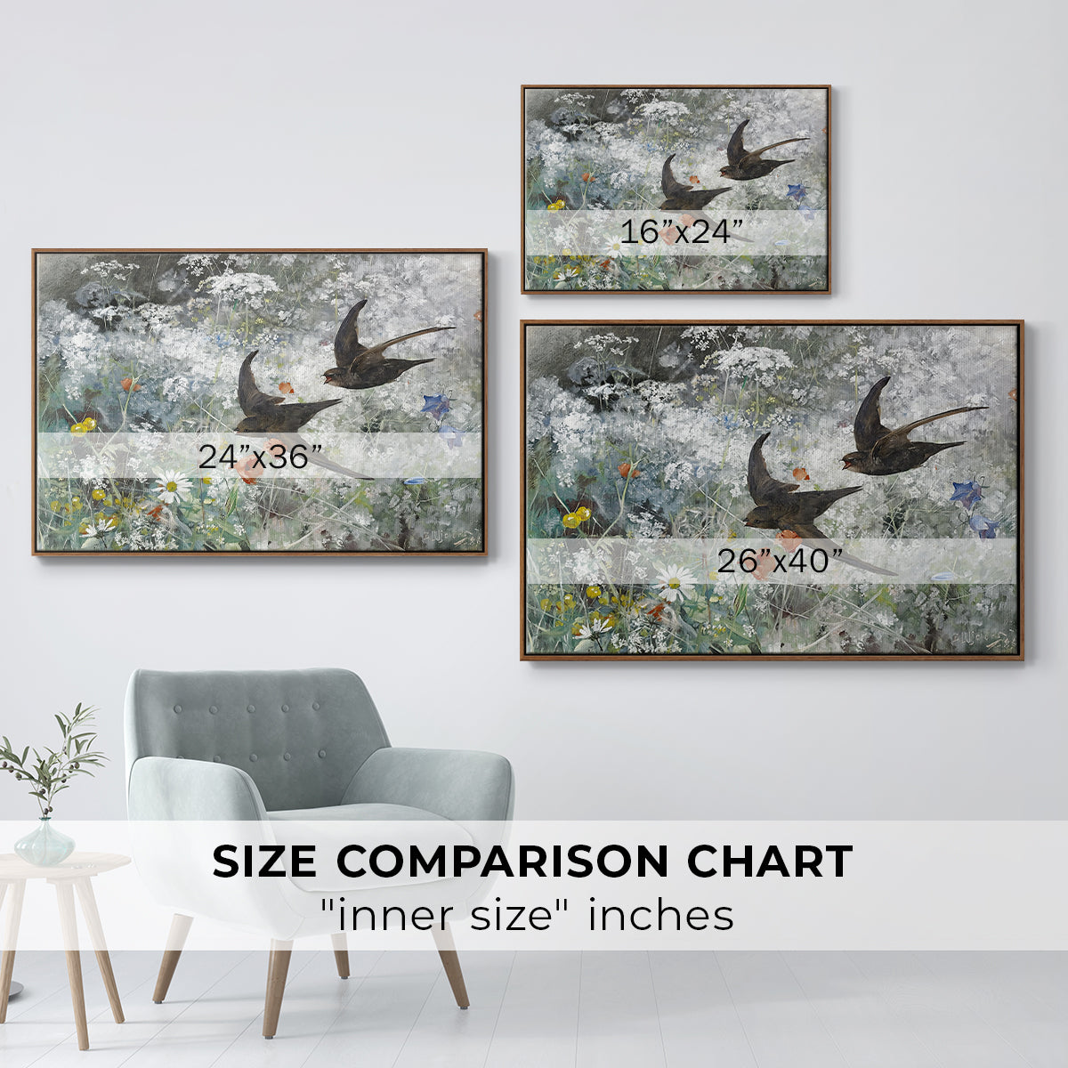 Size comparison chart for walnut floater framed canvas featuring Common Swifts, 1886 by Bruno Liljefors.
