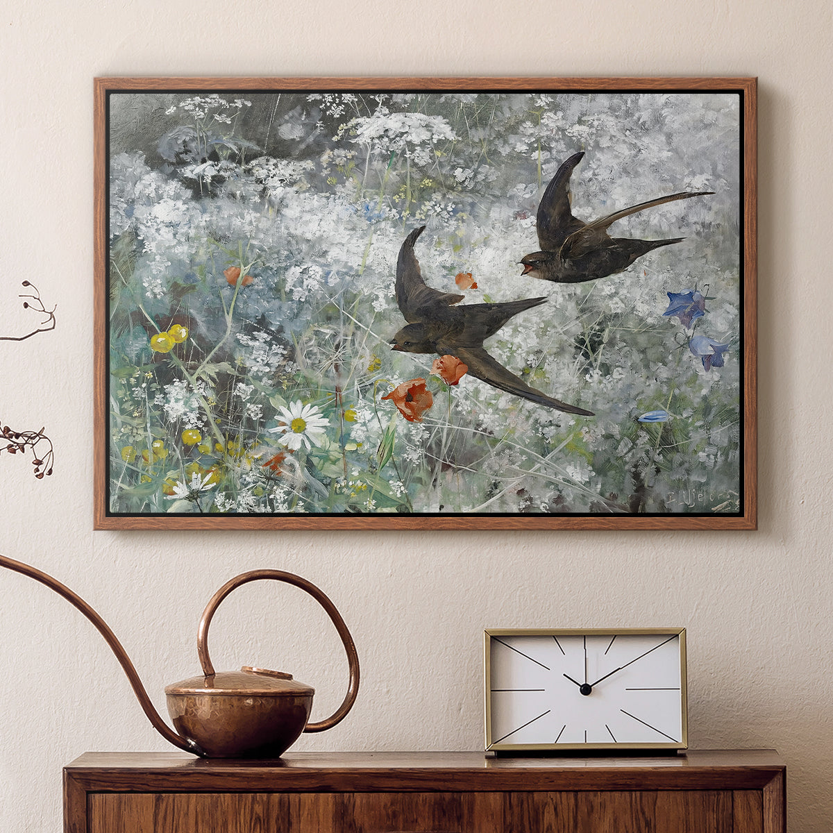 Walnut floater framed canvas featuring a multiple birds flying together in natural outdoor scene, displayed above a cabinet in a soft-toned living room.