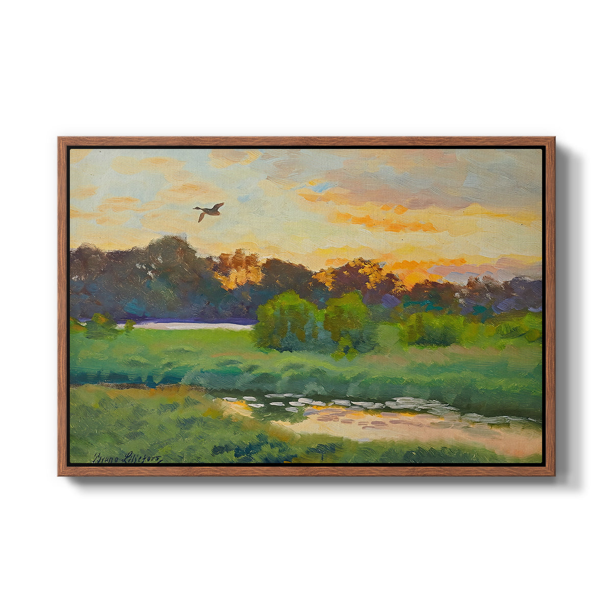 Flying Duck at Sunset, 1924 by Bruno Liljefors in a walnut floater framed canvas wall art display.