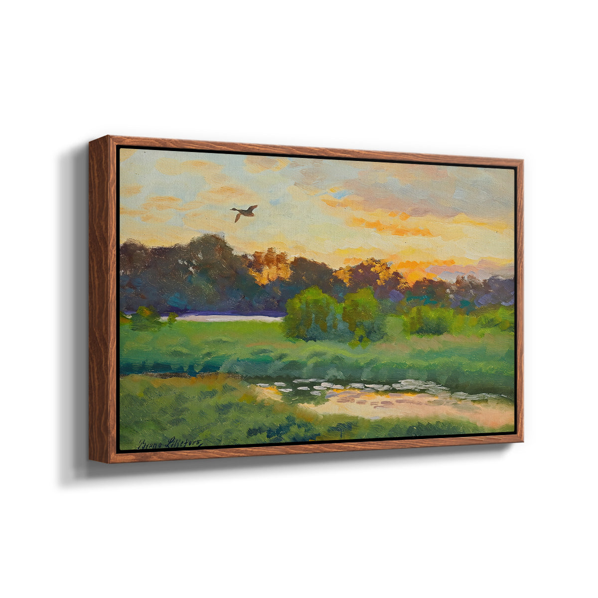 Angled view of Flying Duck at Sunset, 1924 by Bruno Liljefors in a walnut floater framed canvas.