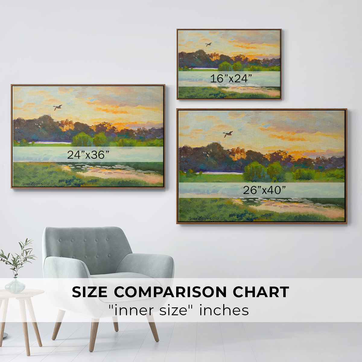Size comparison chart for walnut floater framed canvas featuring Flying Duck at Sunset, 1924 by Bruno Liljefors.