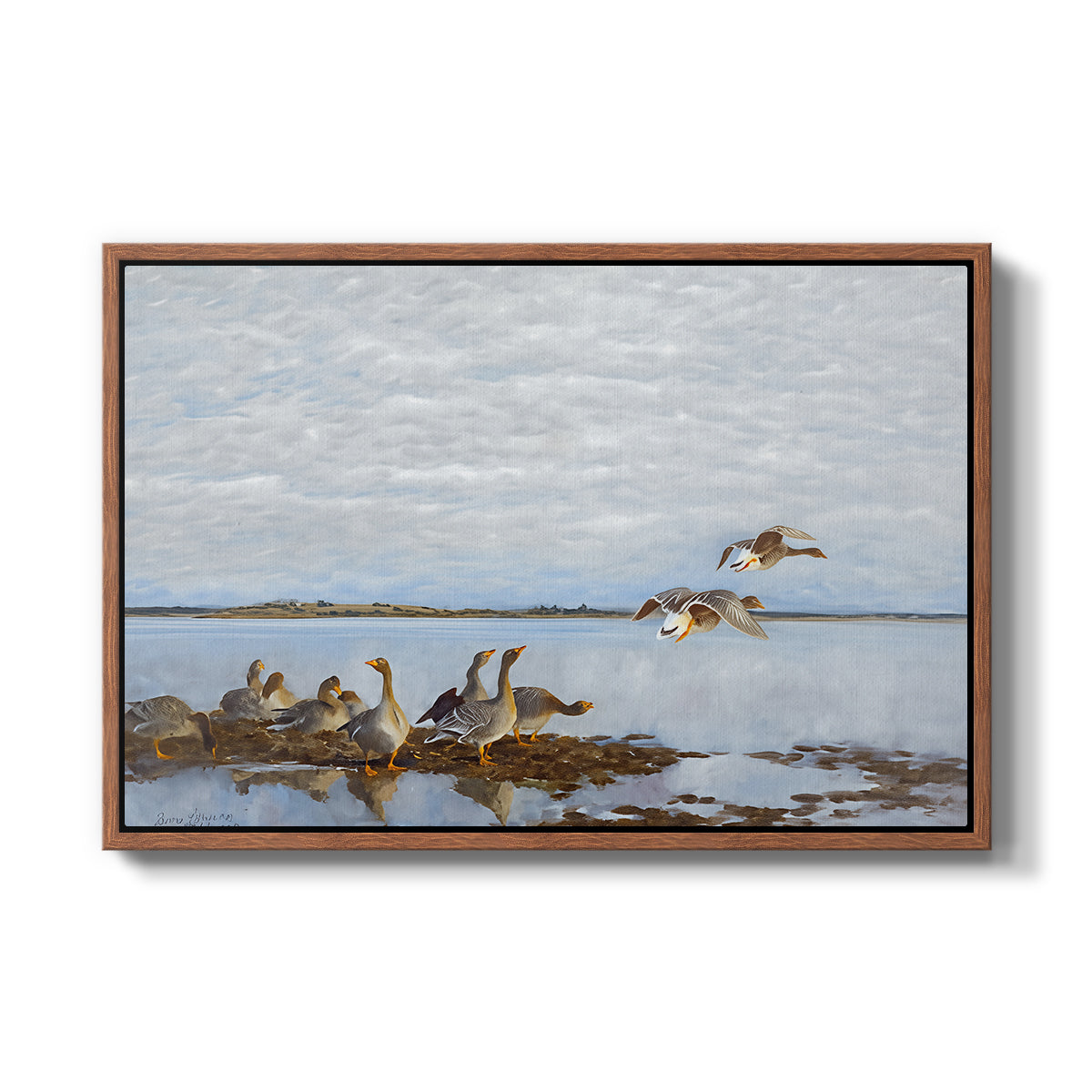 Greylag Geese (Grågäss), 1922 by Bruno Liljefors in a walnut floater framed canvas wall art display.