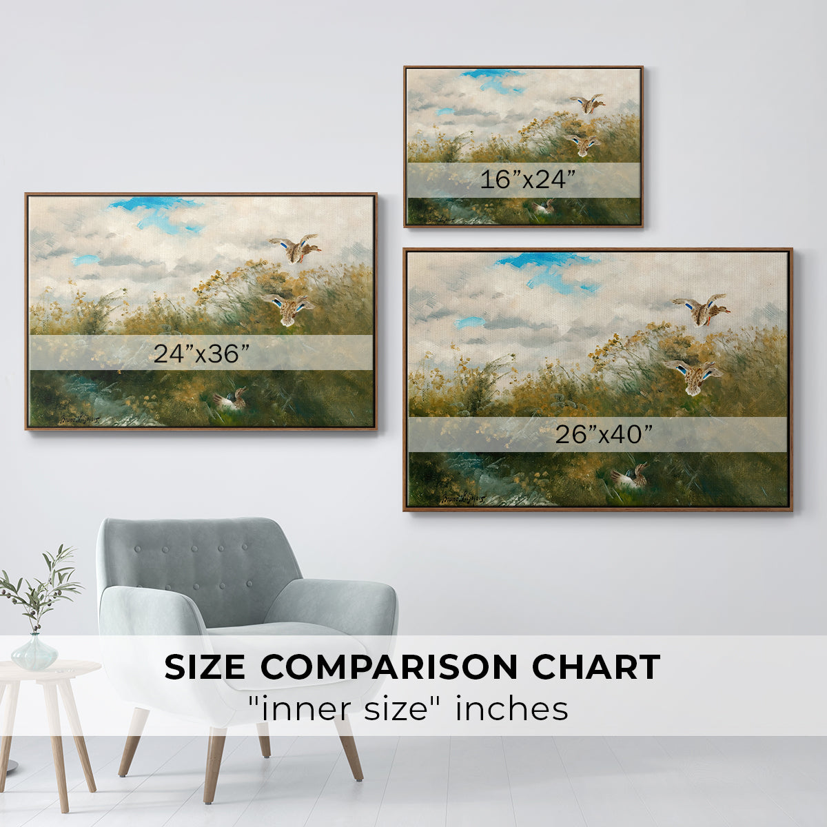 Size comparison chart for walnut floater framed canvas featuring Wild Ducks (Grasänder), 1890 by Bruno Liljefors.