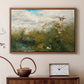 Walnut floater framed canvas featuring a group of ducks foraging in natural marsh setting, displayed above a cabinet in a soft-toned living room.