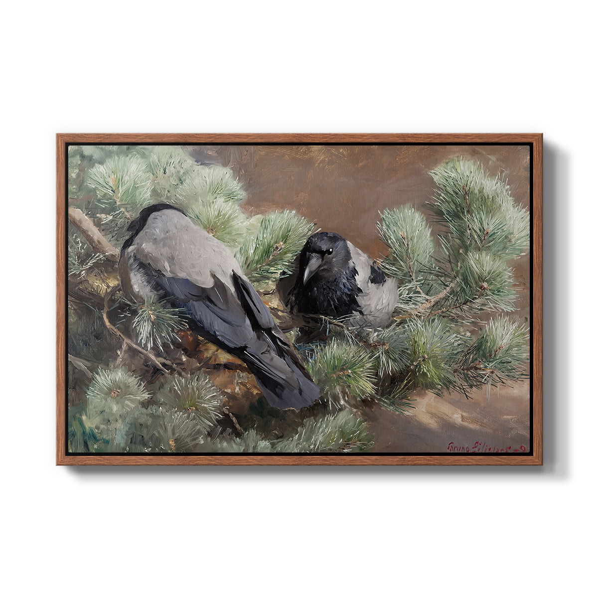 Hooded Crows (Kråkor), 1891 by Bruno Liljefors in a walnut floater framed canvas wall art display.