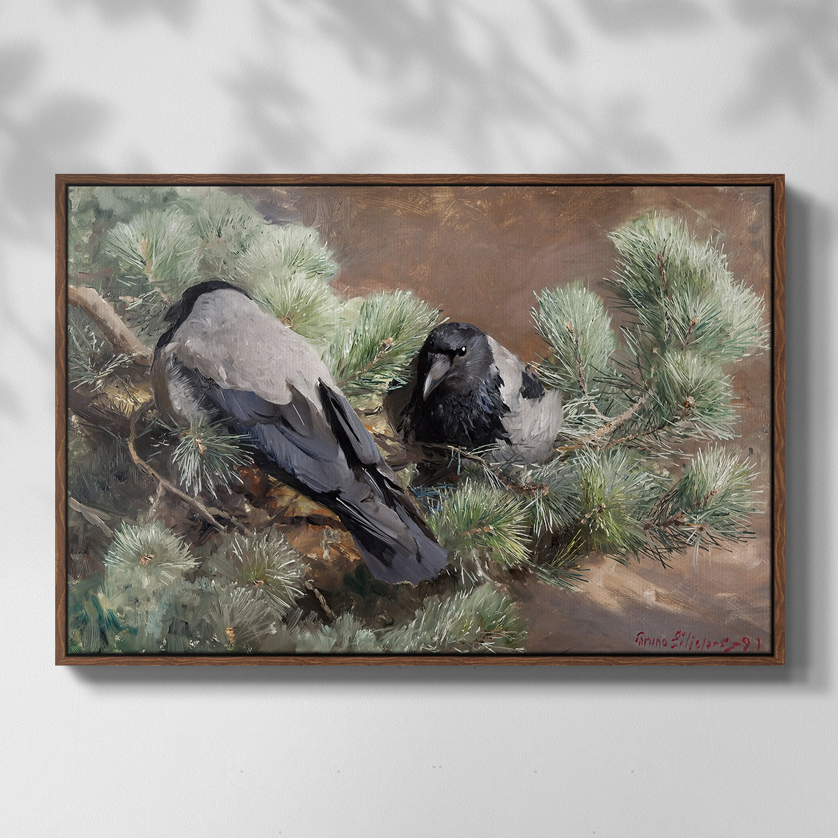 Front view of Hooded Crows (Kråkor), 1891 by Bruno Liljefors in a walnut floater framed canvas.