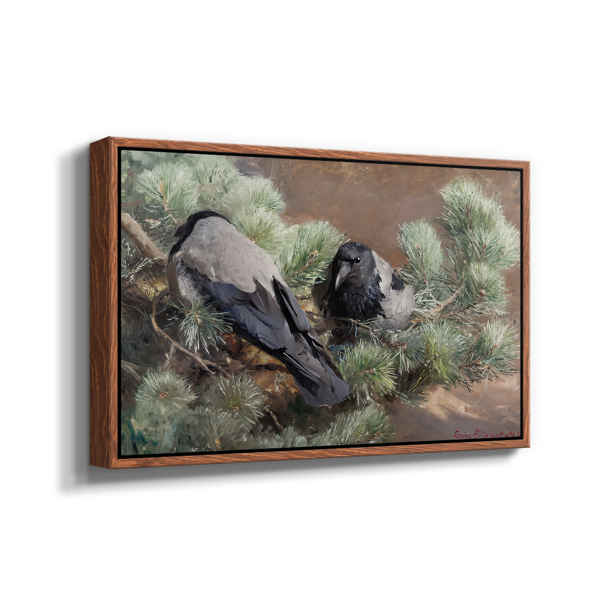 Angled view of Hooded Crows (Kråkor), 1891 by Bruno Liljefors in a walnut floater framed canvas.