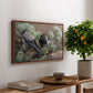 Hooded Crows (Kråkor), 1891 by Bruno Liljefors, presented in a walnut floater framed canvas featuring two crows perched on ground among grass and earth tones, displayed above a hallway console table.