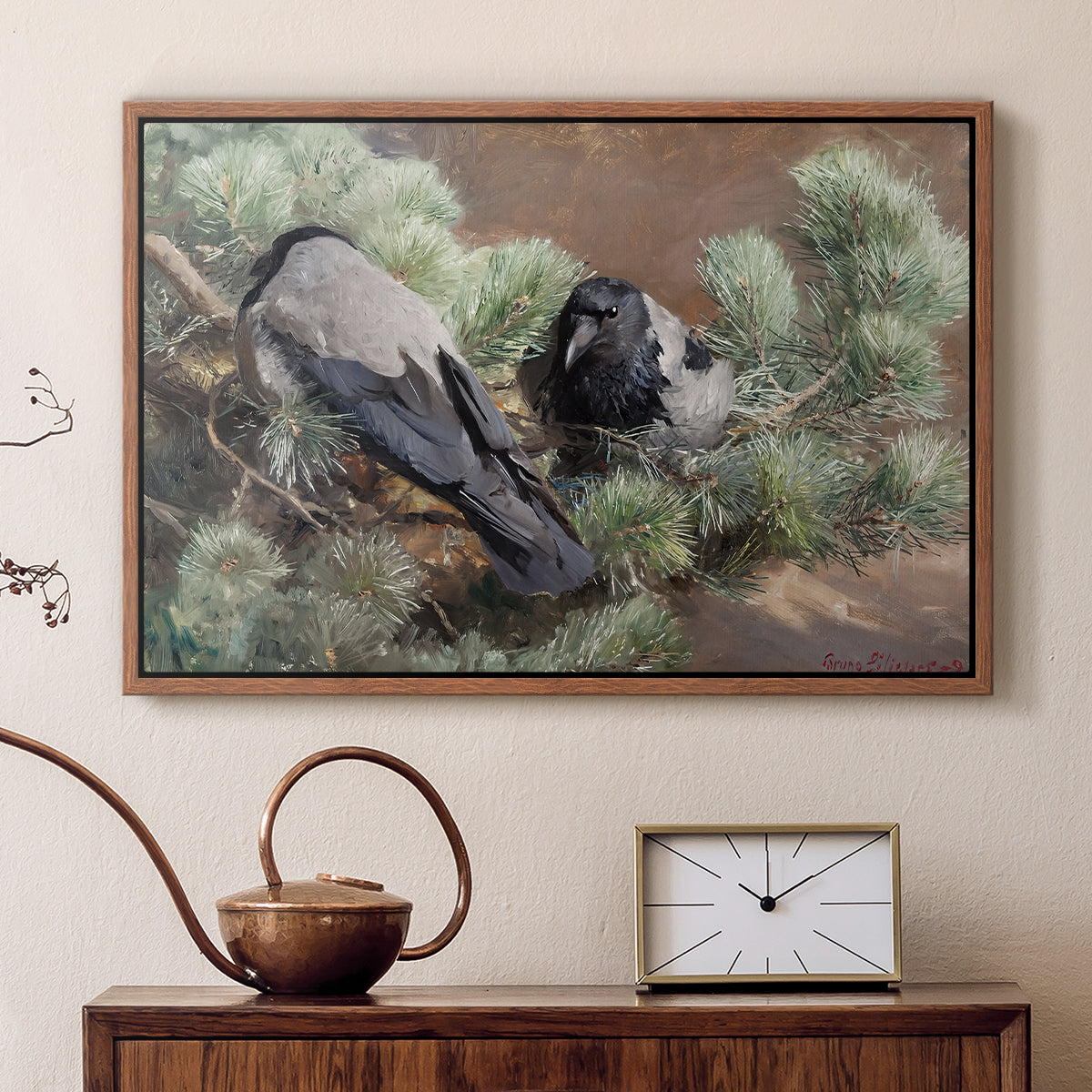 Walnut floater framed canvas featuring a realistic scene of crows interacting on grassy terrain, displayed above a cabinet in a soft-toned living room.