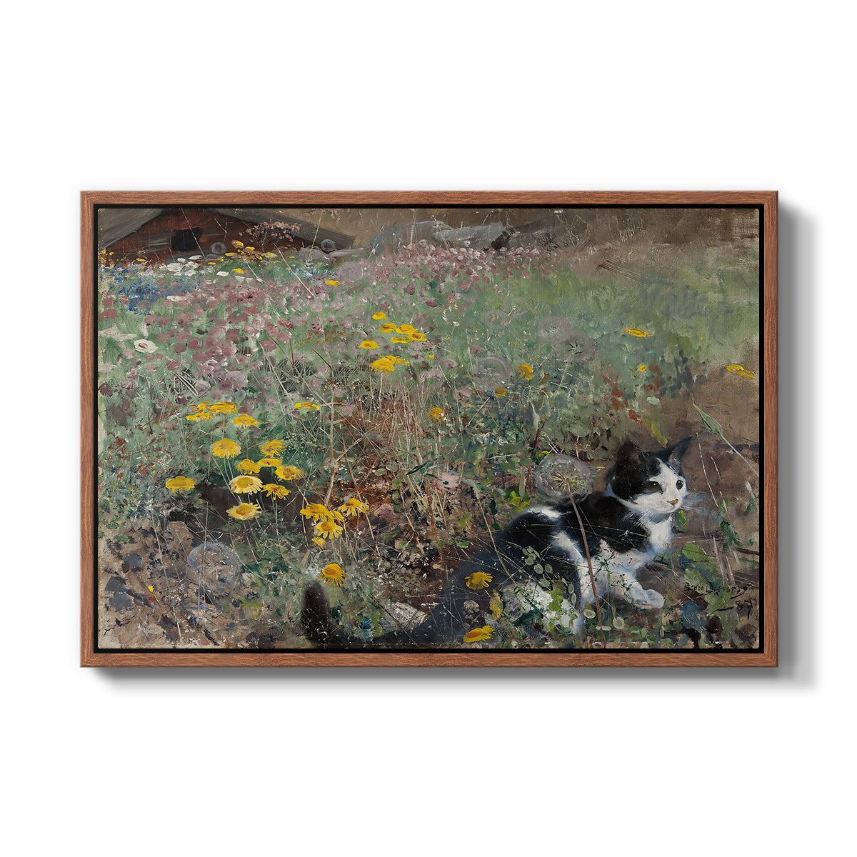 Cat on a Flowery Meadow, 1887 by Bruno Liljefors in a walnut floater framed canvas wall art display.