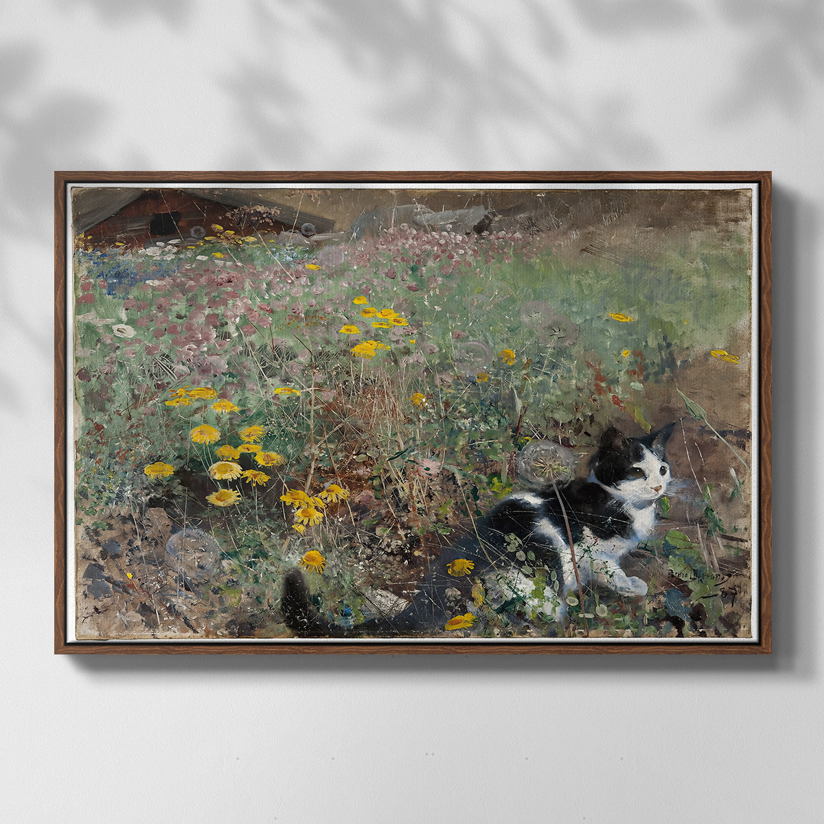 Front view of Cat on a Flowery Meadow, 1887 by Bruno Liljefors in a walnut floater framed canvas.