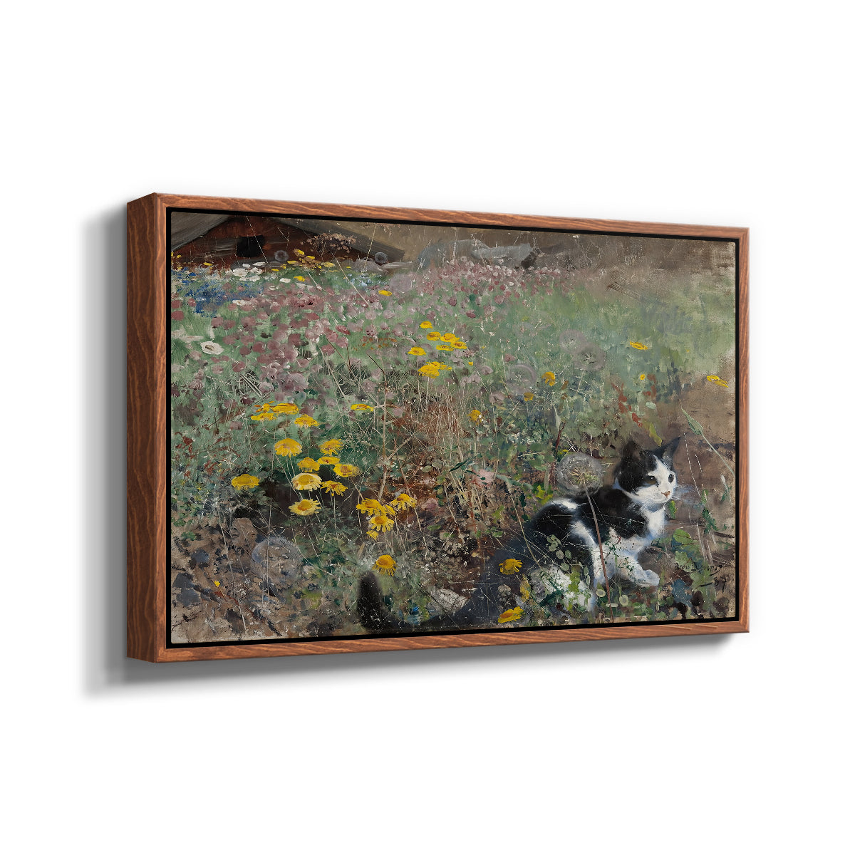 Angled view of Cat on a Flowery Meadow, 1887 by Bruno Liljefors in a walnut floater framed canvas.