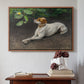 Walnut floater framed canvas featuring Portrait of a Dog, 1891 by Bruno Liljefors above an entryway table in a minimalist foyer.