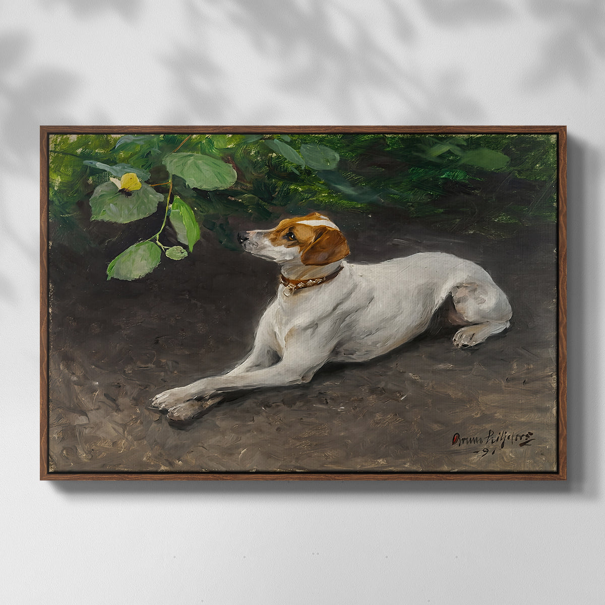 Front view of Portrait of a Dog, 1891 by Bruno Liljefors in a walnut floater framed canvas.