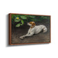 Angled view of Portrait of a Dog, 1891 by Bruno Liljefors in a walnut floater framed canvas.