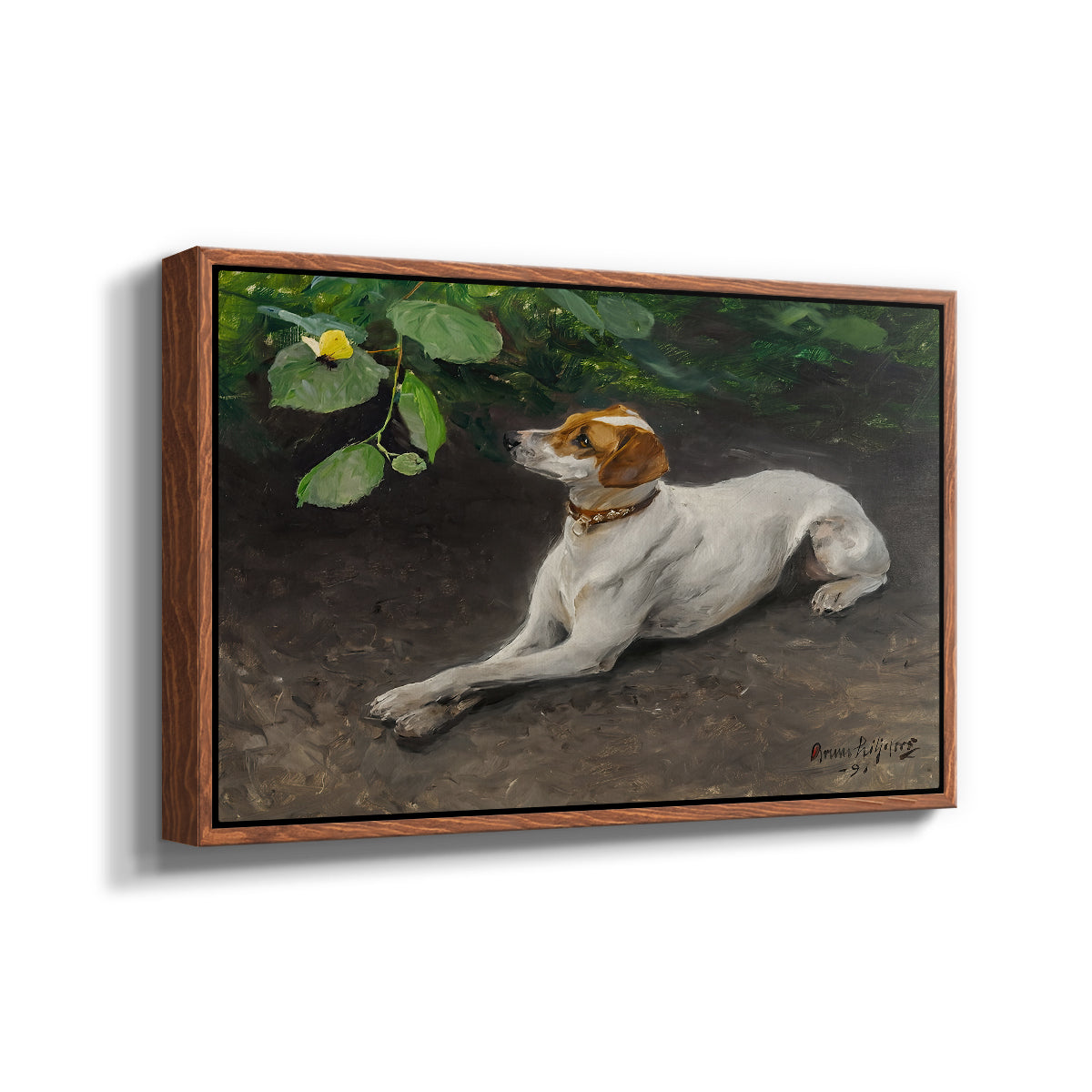 Angled view of Portrait of a Dog, 1891 by Bruno Liljefors in a walnut floater framed canvas.