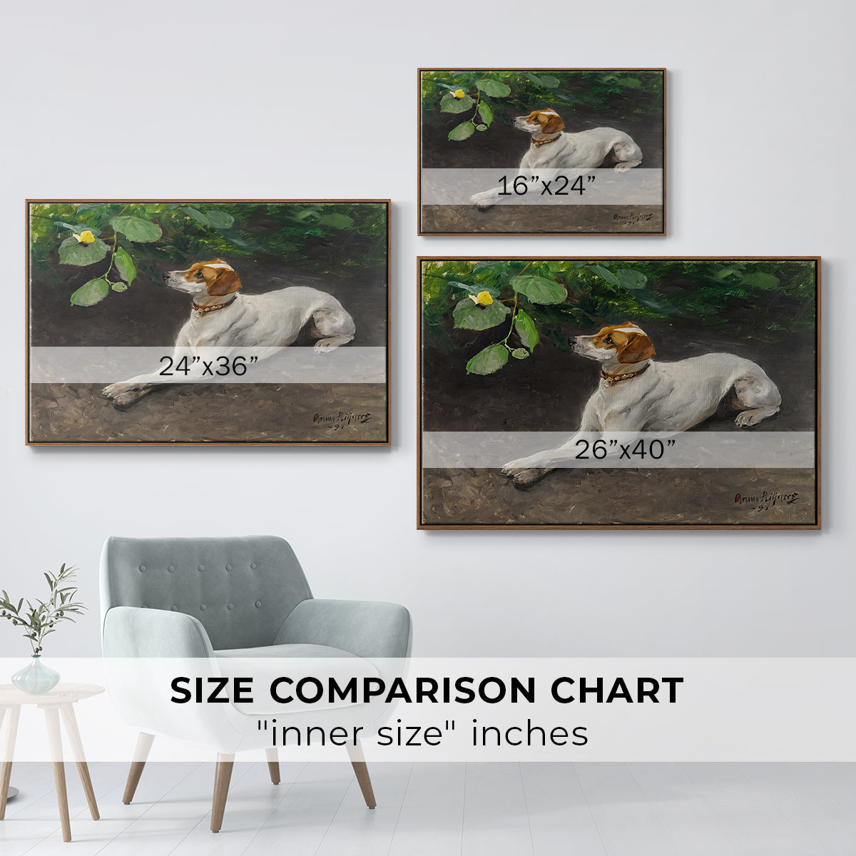 Size comparison chart for walnut floater framed canvas featuring Portrait of a Dog, 1891 by Bruno Liljefors.