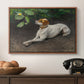 Portrait of a Dog, 1891 by Bruno Liljefors in a walnut floater framed canvas displayed above a console table in a hallway, featuring a calm scene of dog reclining in open landscape.