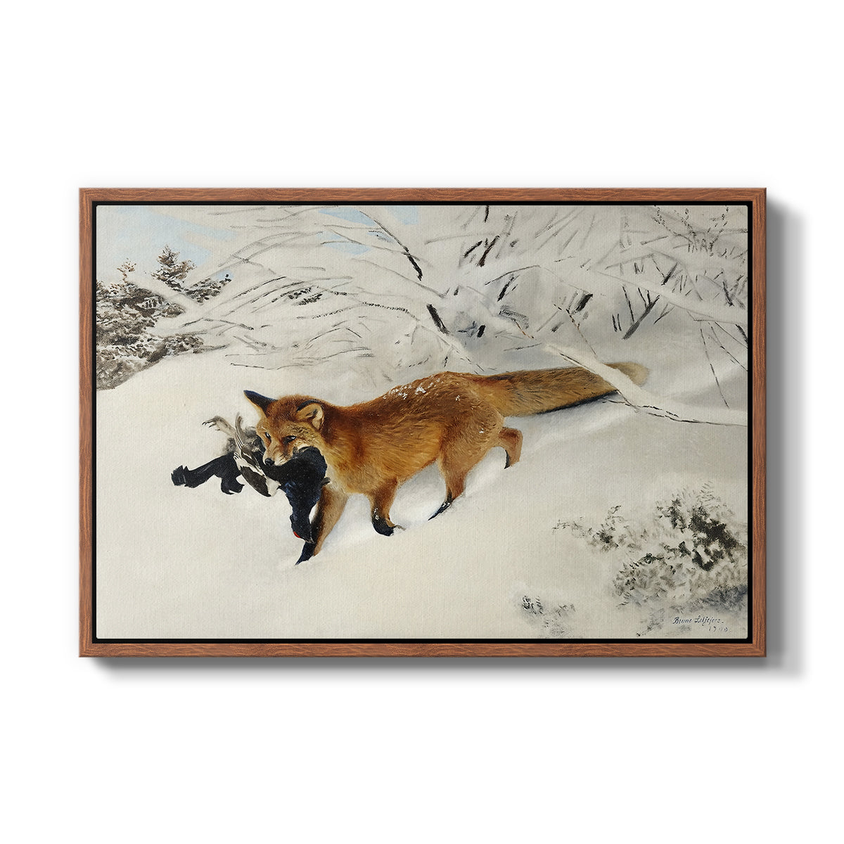 Fox in Snow Landscape, 1900 by Bruno Liljefors in a walnut floater framed canvas wall art display.