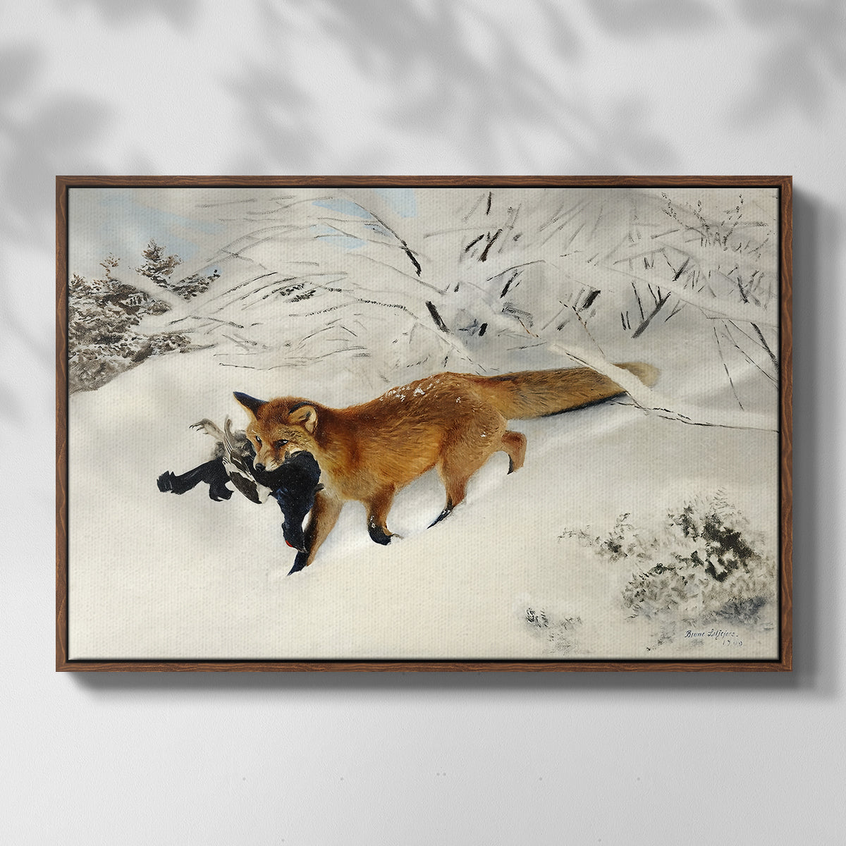 Front view of Fox in Snow Landscape, 1900 by Bruno Liljefors in a walnut floater framed canvas.