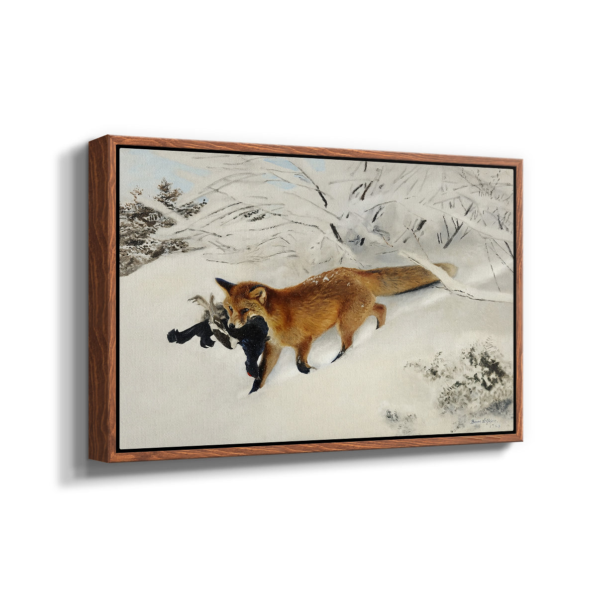 Angled view of Fox in Snow Landscape, 1900 by Bruno Liljefors in a walnut floater framed canvas.