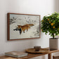 Fox in Snow Landscape, 1900 by Bruno Liljefors, presented in a walnut floater framed canvas featuring a fox running across snowy landscape with sparse vegetation, displayed above a hallway console table.
