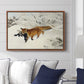 Fox in Snow Landscape, 1900 by Bruno Liljefors displayed above a sofa in a living room in a walnut floater frame, featuring a wildlife scene of fox moving swiftly through winter terrain.